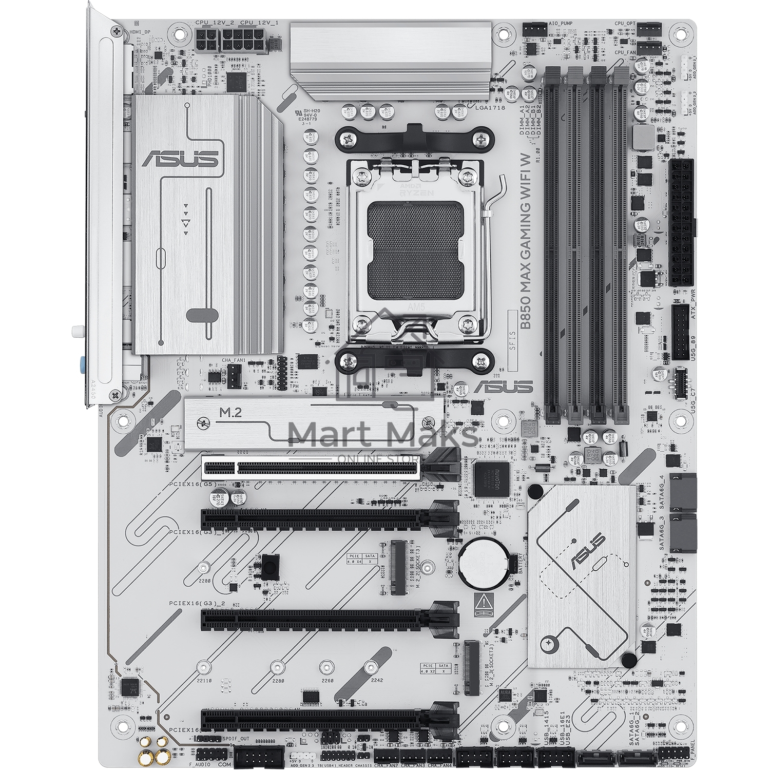 Материнская плата ASUS B850 MAX GAMING WIFI W, AM5, AMD B850, 4xDDR5, 4xSATA, 3xM.2, 1xPCIe 5.0 x16, 1xPCIe 4.0 x4, 2xPCIe 3.0 x1, 1xDisplayPort, 1xHDMI, 1x2.5Gb LAN, Wi-Fi 6E, Bluetooth 5.3, 1xUSB-C 10Gbps, 3xUSB-A 10Gbps, 2xUSB-A 5Gbps, 2xUSB-A 2.0, 3x3