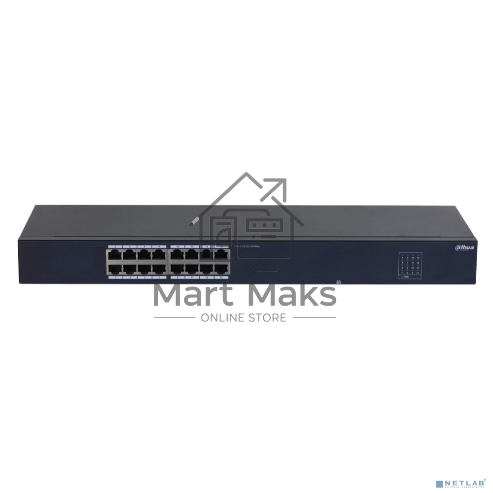 Неуправляемый 16-портовый коммутатор DAHUA DH-SF1016 16xRJ45 100Mb, коммутация 3.2 Gbит/с, MAC-таблица 8К, металл