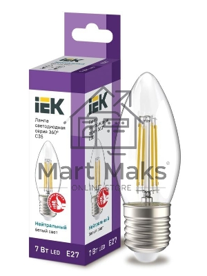 Лампа светодиодная филаментная 360° 7Вт C35 свеча 4000К E27 230В прозр. IEK LLF-C35-7-230-40-E27-CL