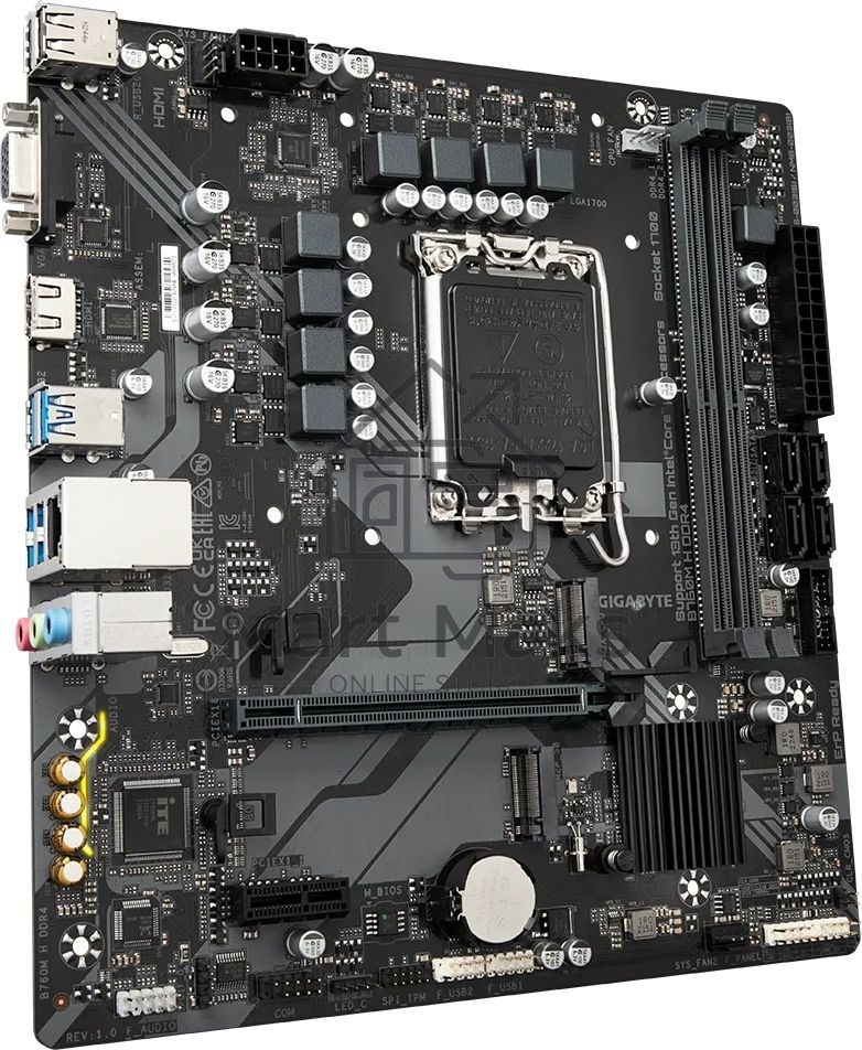 Материнская плата Gigabyte B760M H DDR4, LGA 1700, Intel B760, 2xDDR4, 4xSATA, 2xM.2, 1xPCIe 4.0 x16, 1xPCIe x1, 1xHDMI, 1xVGA, 1x 1Gb LAN, 2xUSB 2.0, 4xUSB 3.2 Gen 1, 3x3.5 мм, 7.1, Micro ATX