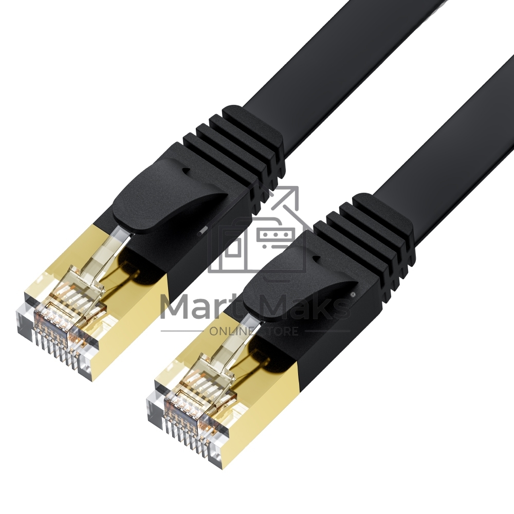 Патч-корд GCR PROF плоский прямой кат.7 ethernet, FTP, медь, литой, экранированные коннекторы 24K GOLD, RJ45, T568B, 10.0m черный