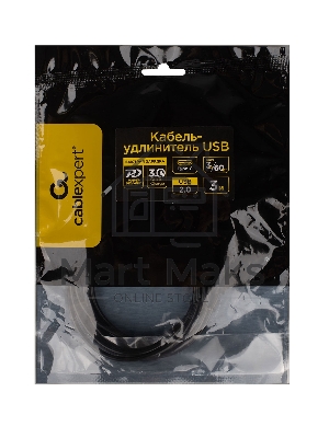 Кабель-удлинитель USB2.0 Cablexpert CCP-USB2-CMCF-3M, Type-C(М)/Type-C(F), 3А, 60Вт, PD/QC3.0, медь, Pro, 3м, черный, пакет