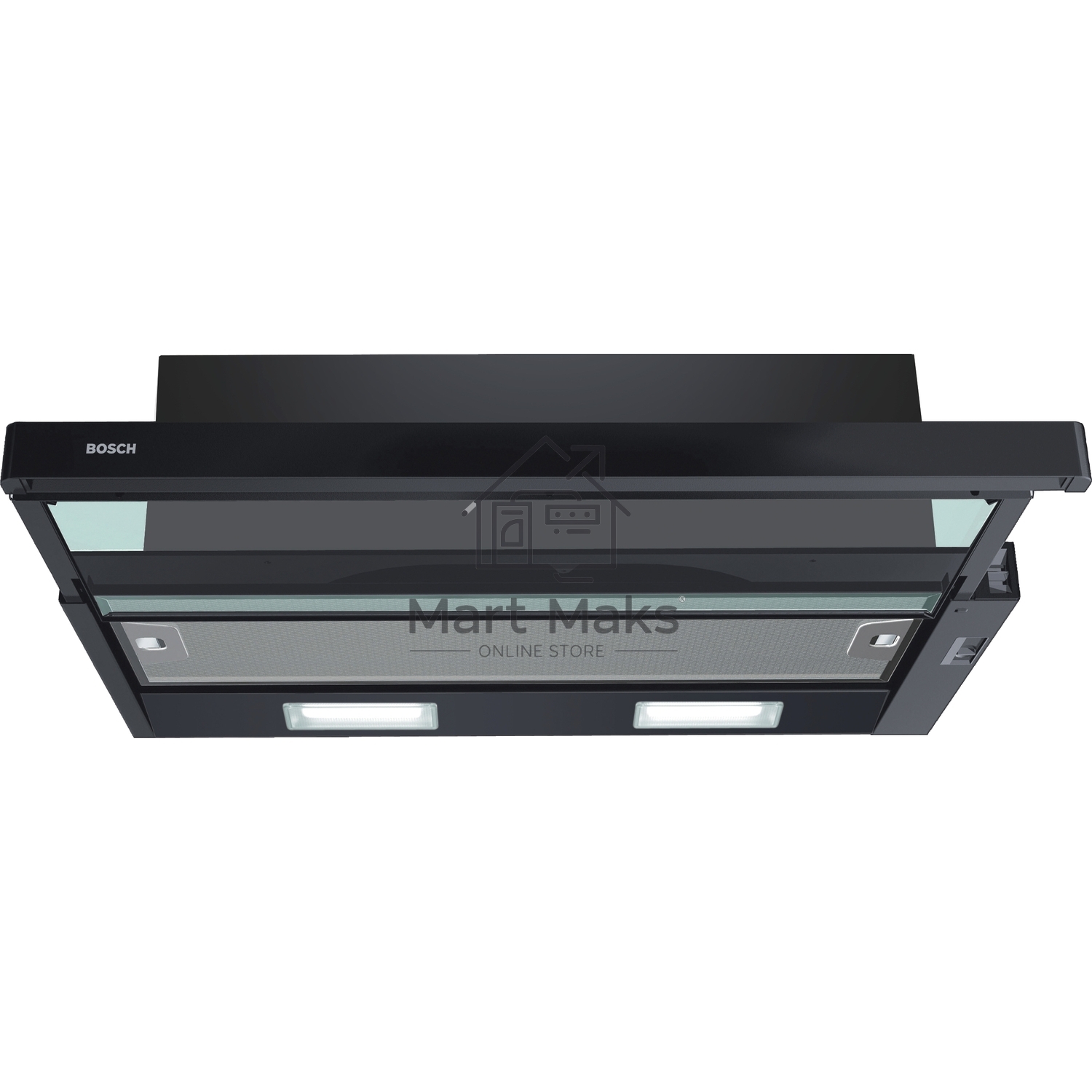 Встраивамая вытяжка Bosch Serie 2 DFT63CA60Q с выдвижным экраном, 60 см, черный, производительность до 300 м3/ч, режим отвода/циркуляции, 3 ступени мощности, кулисные переключатели, LED-освещение