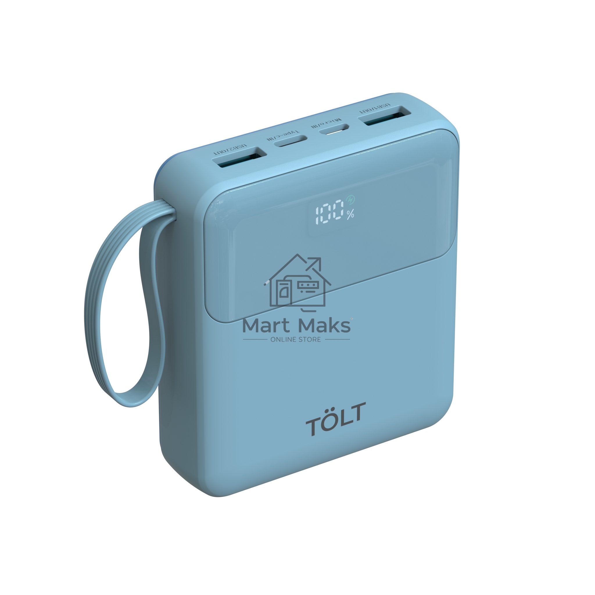 Портативный аккумулятор TOLT Lit LT-LI10S, 10000mAh, 22,5W, fast charging and PD, light blue/ Powerbank TOLT Lit LT-LI10S, 10000mAh, 22,5W, fast charging and PD, light blue