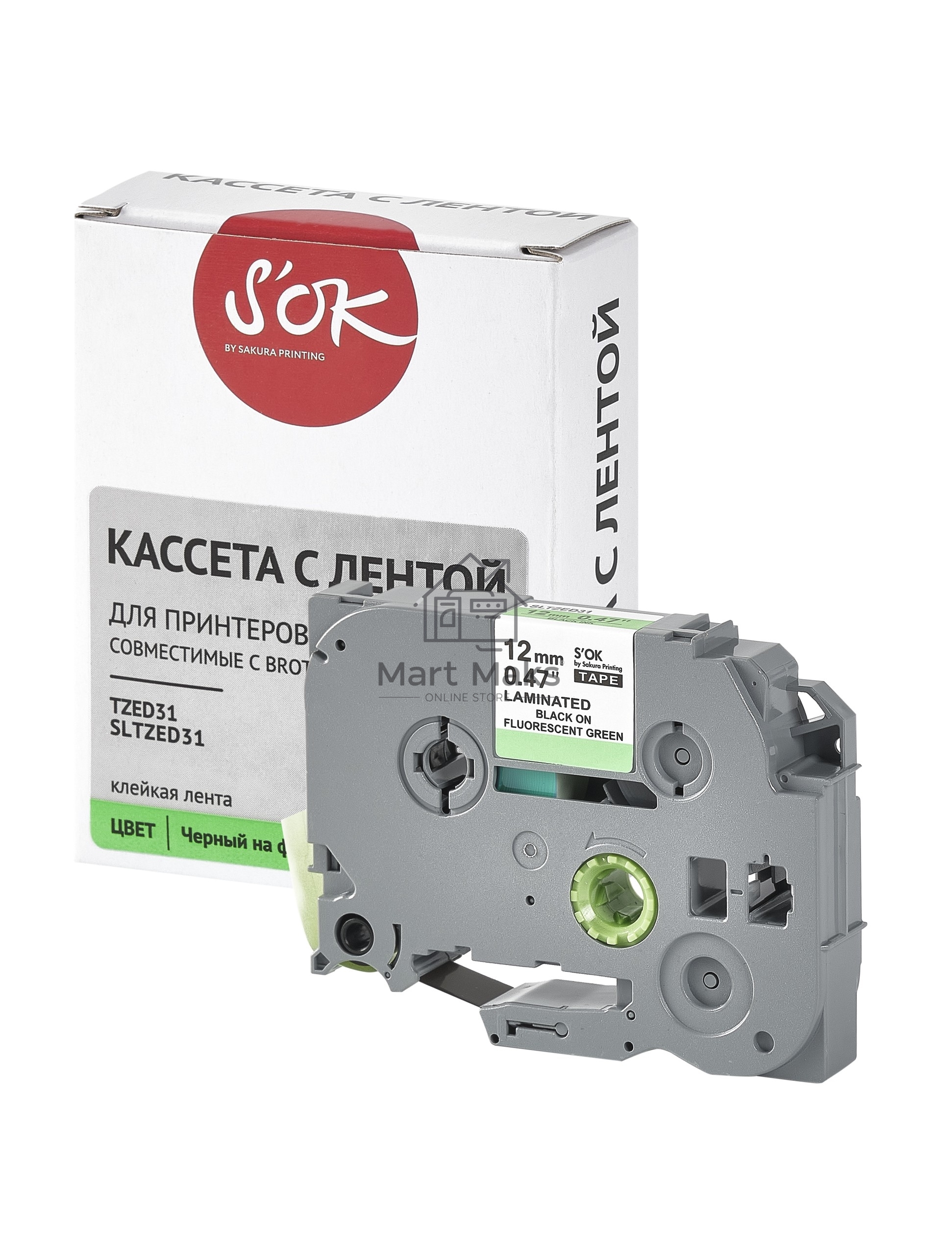 Кассета с лентой S'OK by Sakura Printing TZED31 для Brother, черный на зеленом, 12мм/8м, наклейка