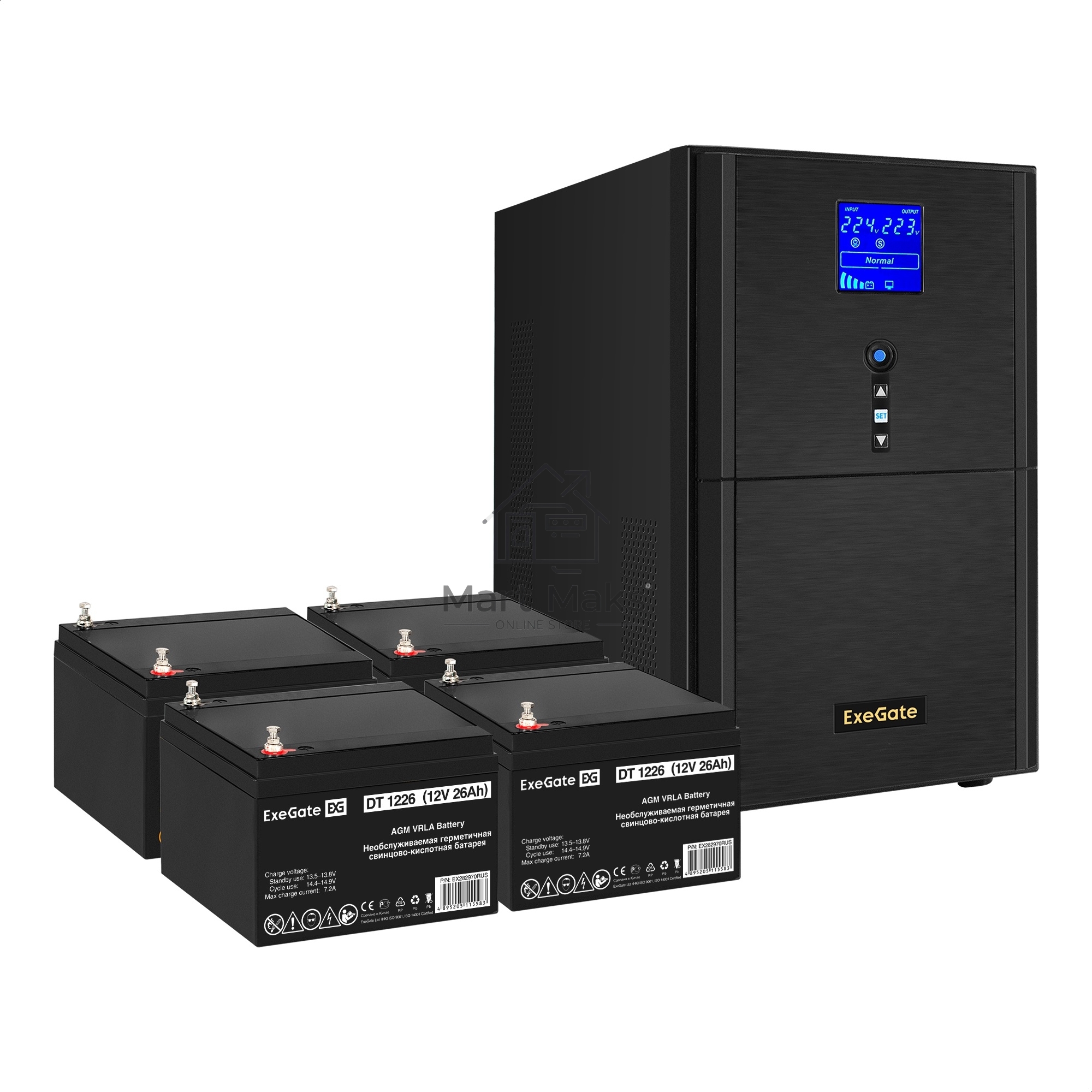 Комплект Источник бесперебойного питания EX295991RUS + батарея 26Aч EX282970RUS 4шт (инвертор, синус, для котла) ExeGate SineTower SZ-5000.LCD.AVR.2SH.1C13.T.RJ.USB <5000VA/4000W, чистый синусоида, LCD дисплей, AVR, 2*Schuko+1*C13+клеммы, RJ45/11, USB, ли