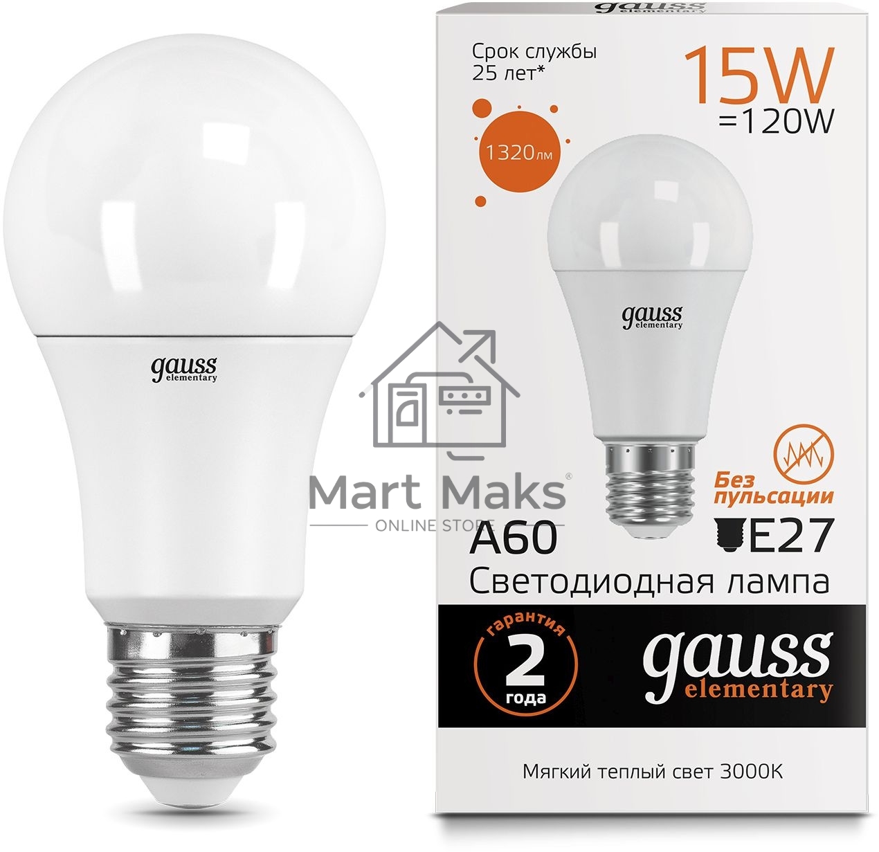 Лампа светодиодная Gauss Elementary 15Вт цок.:E27 груша 220B 3000K св.свеч.бел.теп. A60 (упак.:10шт) (23215)