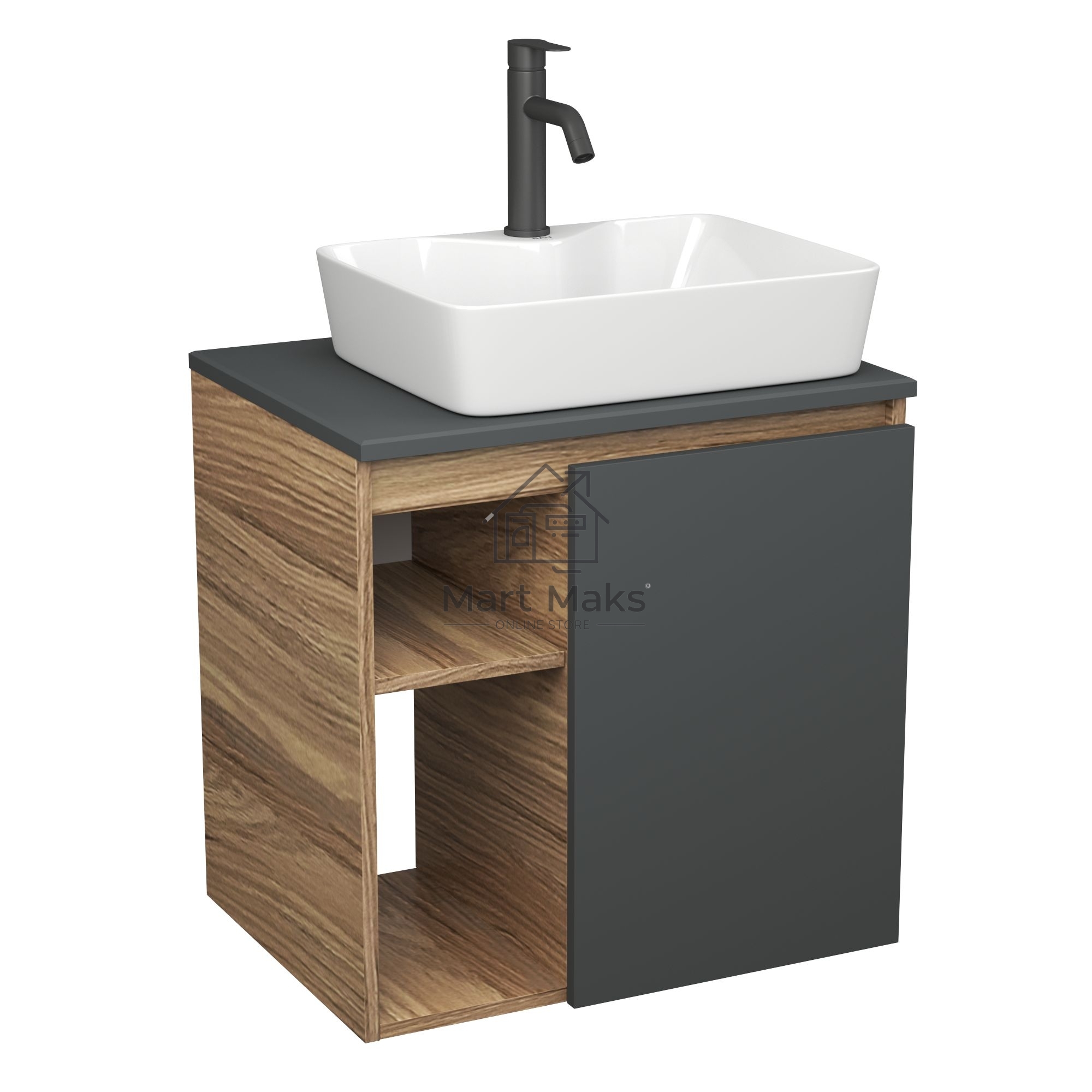 Тумба Bau Dream Blackwood 60 правая, графит, раковина BAU Cerama 48х37 белая, смеситель Hotel Dream Black, нерж. сталь, черный