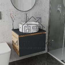 Комплект: тумба Bau Dream Blackwood графит 60, 1 ящик, раковина круглая накладная BAU Element D41, мрамор, смеситель Hotel Dream, нерж сталь