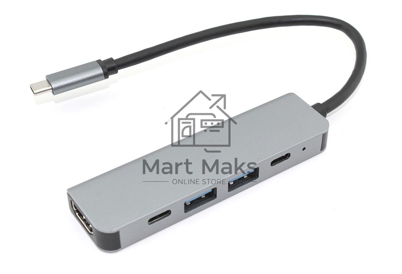 Адаптер Type C на HDMI, USB 3.0*2 + 2 Type-C для MacBook, серый