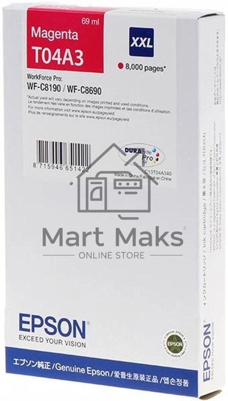 Картридж струйный Epson C13T04A340 пурпурный (8000 стр.) для WF-C8190 / WF-C8690