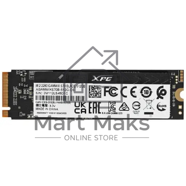 Накопитель SSD ADATA XPG GAMMIX S70 BLADE, 512Gb, PCIe 4.0 x4, M.2 2280, NVMe, R/W 7200/2600, с радиатором