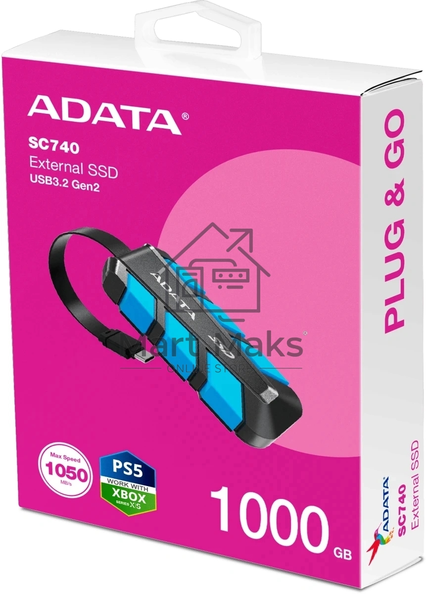 Внешний SSD ADATA 1.0Tb SC740 <SC740-1000G-CBU> (USB3.2 gen 2 type C, 1050/1000Mbs, 122x41x22mm, 40g, защита от падения, встроенный кабель)