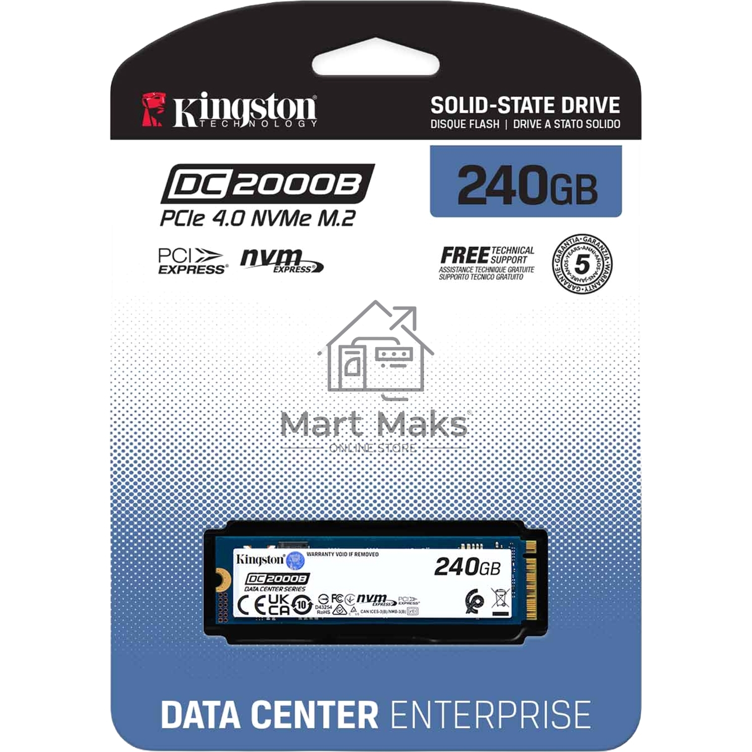 Твердотельный накопитель Kingston SSD DC2000B 240GB, M.2 22x80mm, NVMe, PCIe Gen 4x4, 3D TLC, R/W 4500/400MB/s, IOPs 260 000/18 000, TBW 175, DWPD 0.4 No Heatsink) (12 мес)