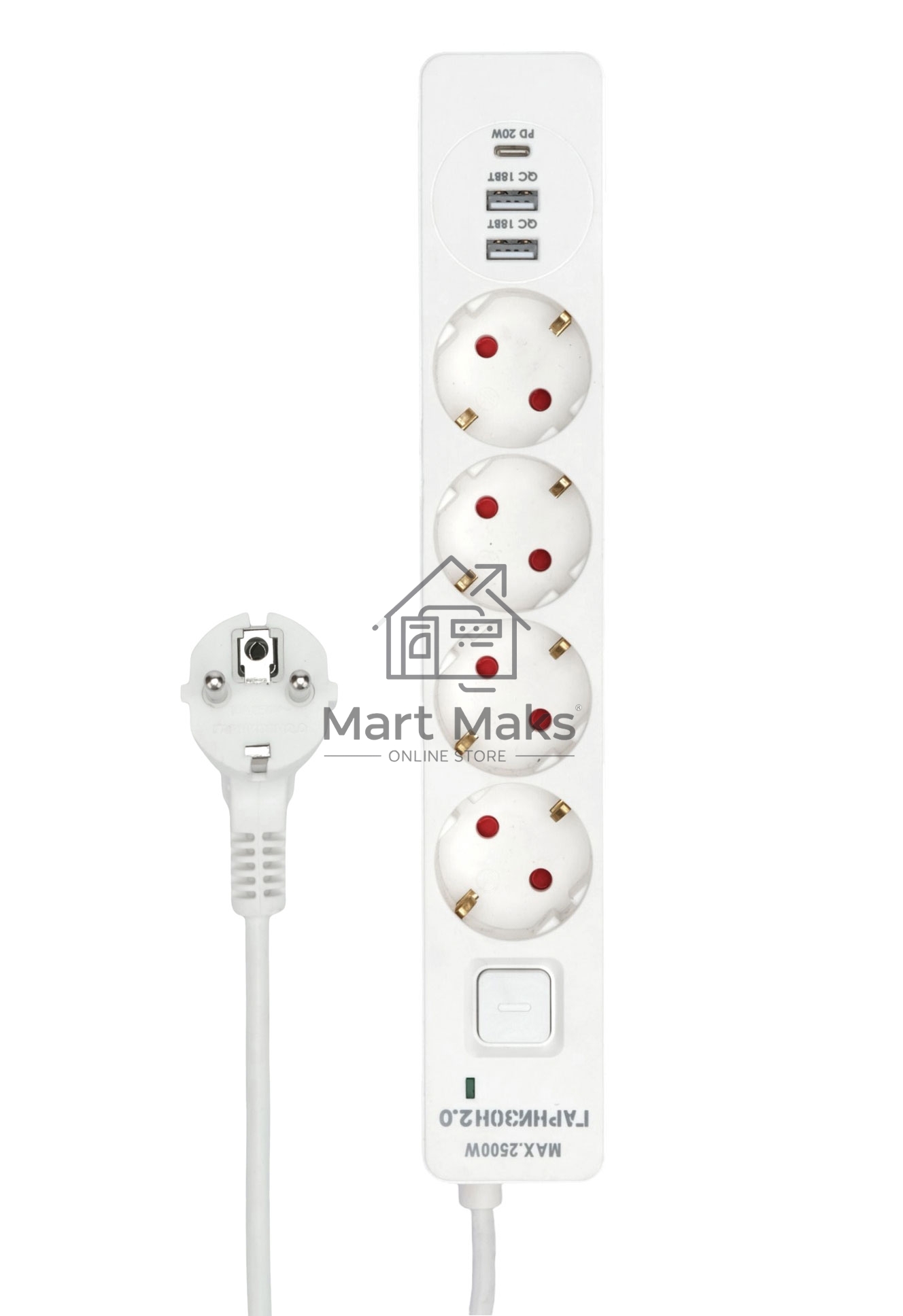 Сетевой фильтр Гарнизон EPS-OP-4-CU2-W-2 2.0 Мультипорт 4р, 10А, 1xType-C PD, 2 х USB QC, 4м, ур.защиты 4+, белый, пак(21449)