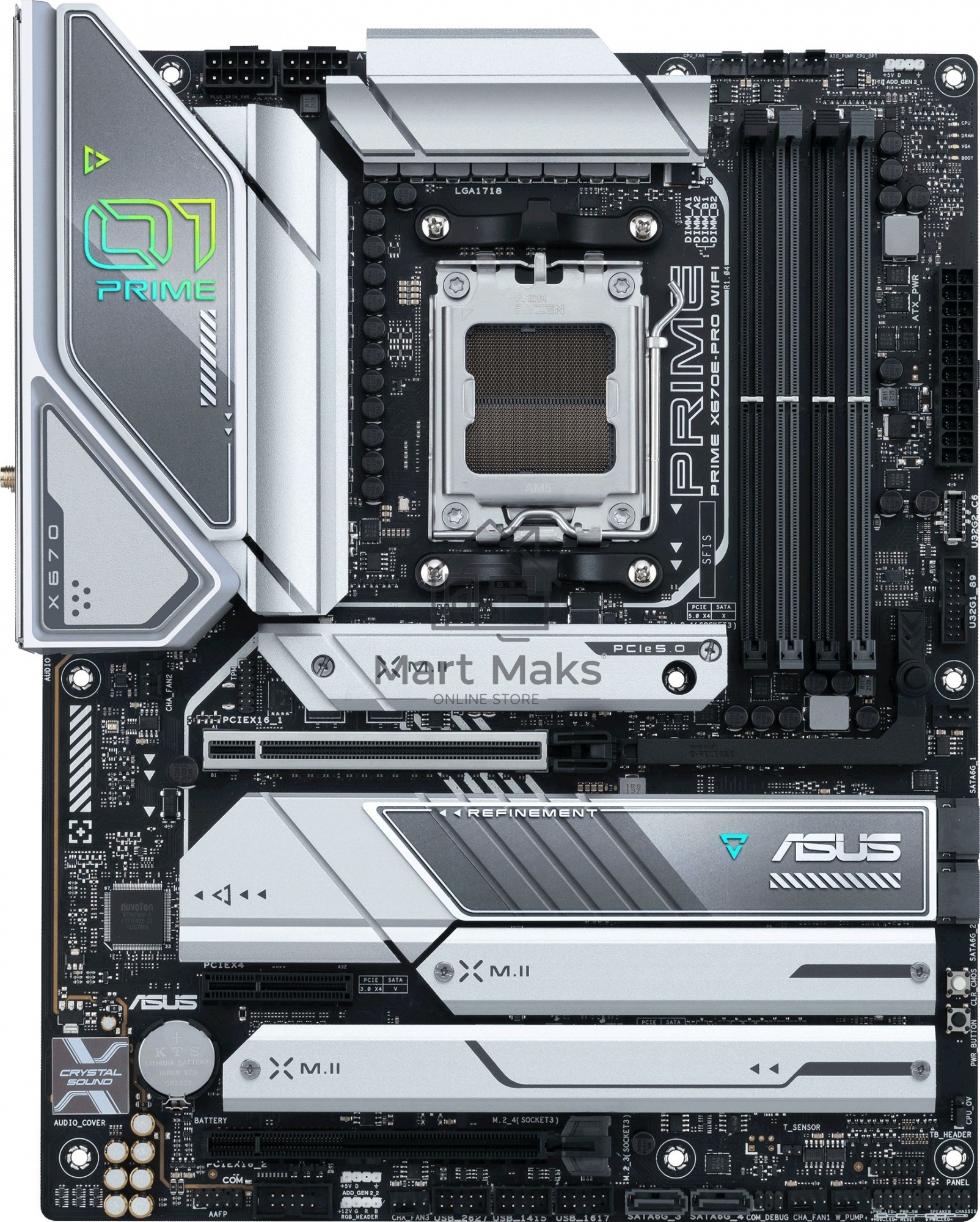 Материнская плата ASUS PRIME X670E-PRO WIFI, AM5, AMD X670E, 4xDDR5, 4xSATA, 4xM.2 PCIe 5.0 x4, 1xPCI-E 5.0 x16, 1xPCI-E 4.0 x4, 1xPCI-E x4, 1xHDMI, 1xDP, 1xUSB-C 3.2 Gen 2x2, 3xUSB 3.2 Gen 2, 4xUSB 3.2 Gen 1, 1x 2.5Gb LAN, 5x3.5 мм, 7.1, ATX