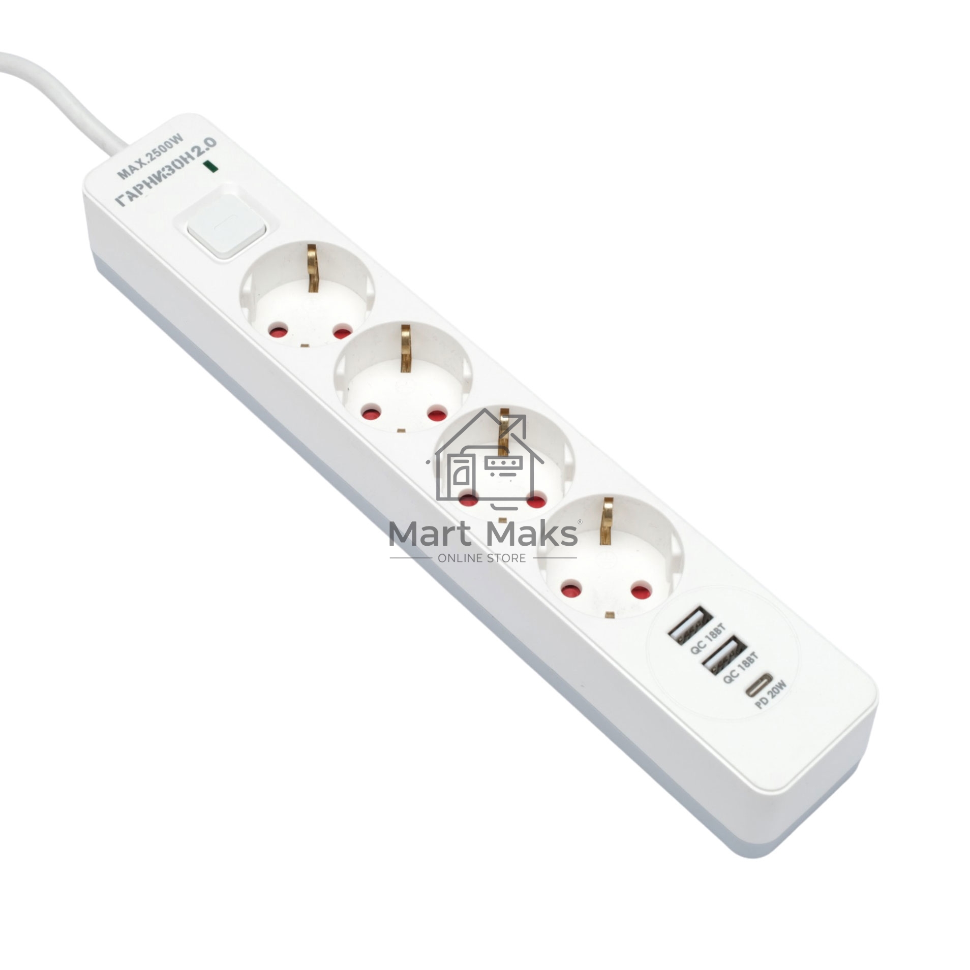 Сетевой фильтр Гарнизон EPS-OP-4-CU2-W-2 2.0 Мультипорт 4р, 10А, 1xType-C PD, 2 х USB QC, 4м, ур.защиты 4+, белый, пак(21449)