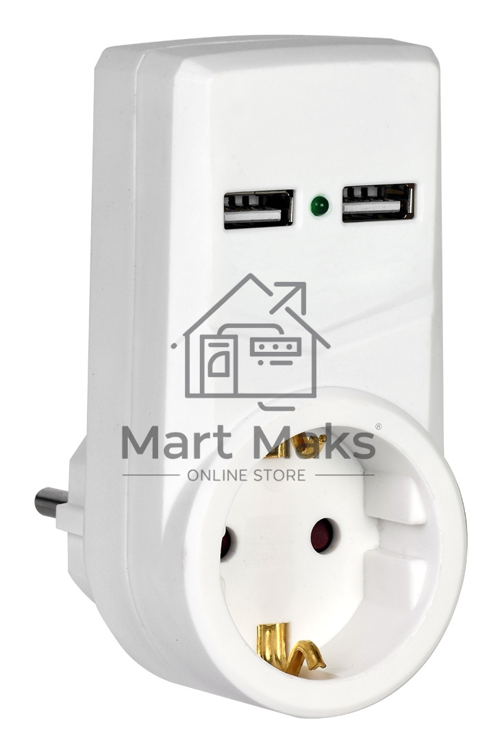 белый адаптер Т-01/01 1 место 2P+PE 16А 2хUSB 2,1A IEK