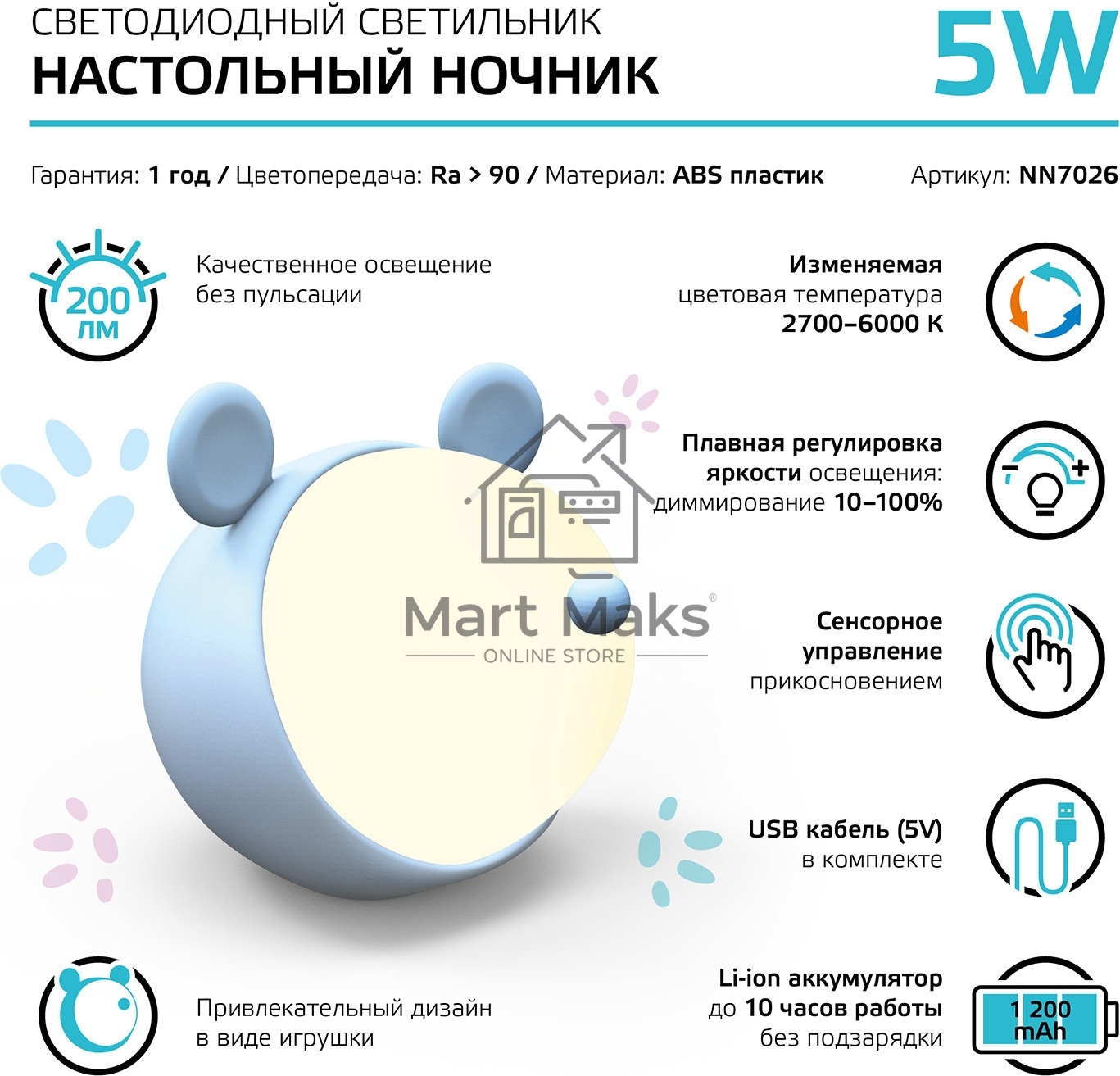 Ночник Gauss NN7026 мышка голубой