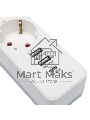 Сетевой фильтр Гарнизон EPS-OP-4-CU2-W-2 2.0 Мультипорт 4р, 10А, 1xType-C PD, 2 х USB QC, 4м, ур.защиты 4+, белый, пак(21449)