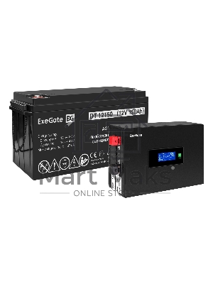 Комплект Источник бесперебойного питания EX295993RUS + батарея 150Aч EX282990RUS 1шт (инвертор, синус, для котла, PF=1, настенный) ExeGate IdealSine SR-1000.LCD.2SH  1000VA/1000W, чистая синусоида, цветной LCD-дисплей, 2*Schuko, крепление настенное, Black