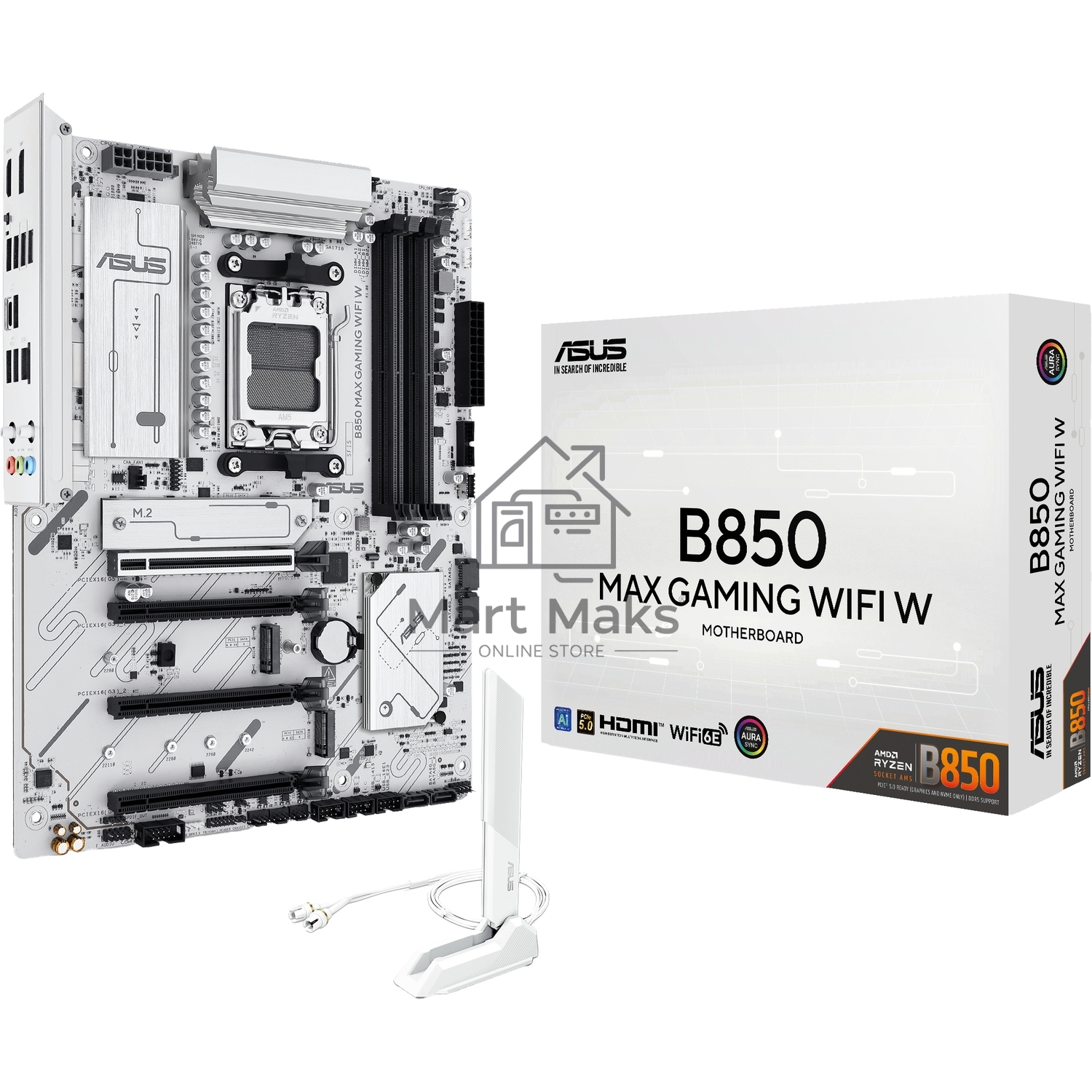 Материнская плата ASUS B850 MAX GAMING WIFI W, AM5, AMD B850, 4xDDR5, 4xSATA, 3xM.2, 1xPCIe 5.0 x16, 1xPCIe 4.0 x4, 2xPCIe 3.0 x1, 1xDisplayPort, 1xHDMI, 1x2.5Gb LAN, Wi-Fi 6E, Bluetooth 5.3, 1xUSB-C 10Gbps, 3xUSB-A 10Gbps, 2xUSB-A 5Gbps, 2xUSB-A 2.0, 3x3
