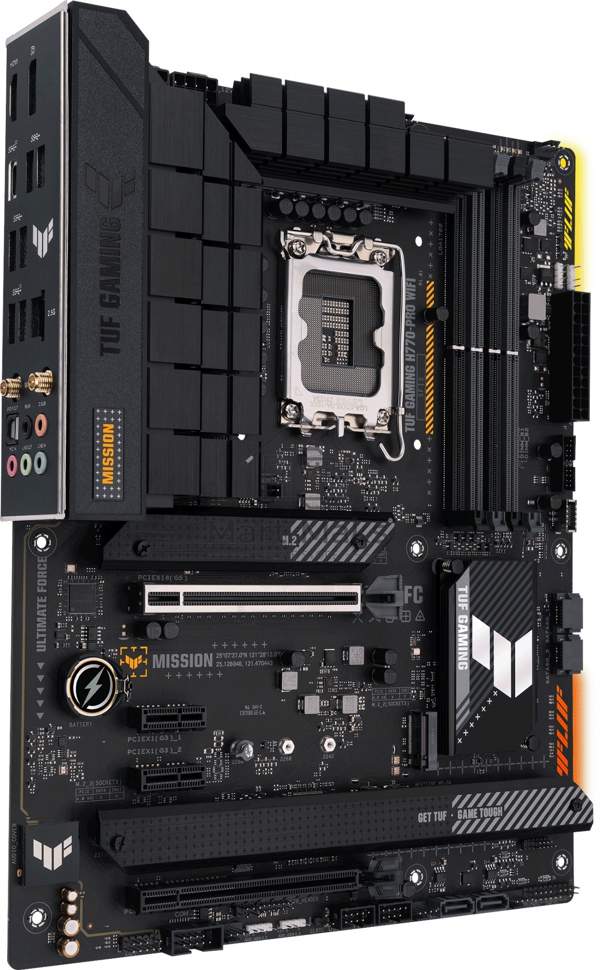 Материнская плата ASUS TUF GAMING H770-PRO WIFI, LGA 1700, Intel H770, 4xDDR5, 4xSATA, 4xM.2, 1xPCIe 5.0 x16, 1xPCIe 4.0 x4, 2xUSB-A 3.2 Gen 2, 4xUSB-A 3.2 Gen 1, 1xUSB-C 3.2 Gen 2x2, 1x2.5Gb LAN, 5x3.5 мм, 7.1, Standard-ATX