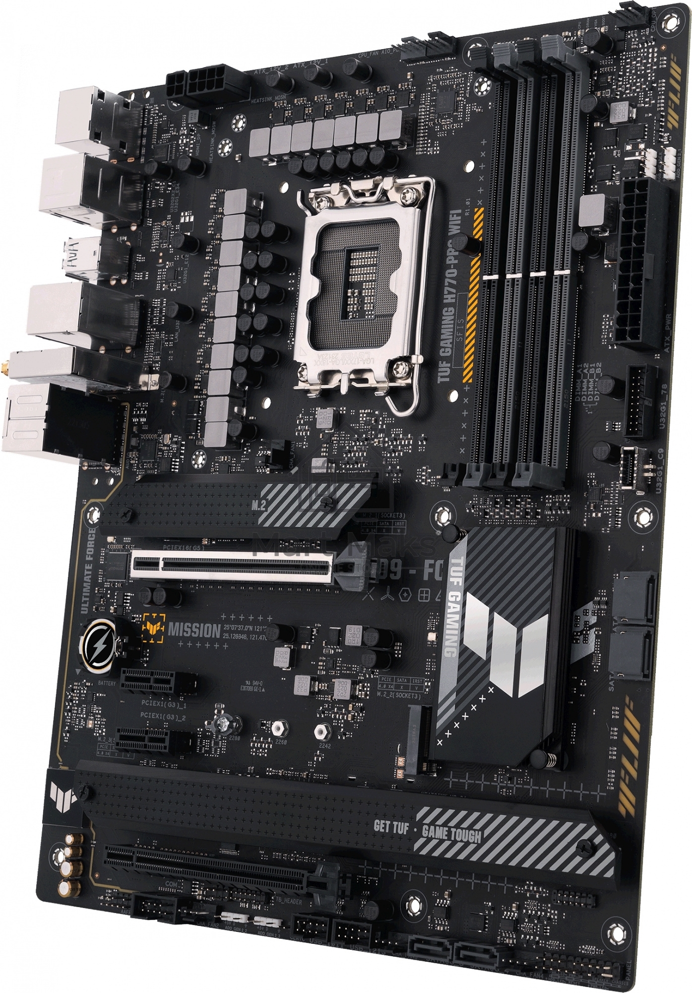 Материнская плата ASUS TUF GAMING H770-PRO WIFI, LGA 1700, Intel H770, 4xDDR5, 4xSATA, 4xM.2, 1xPCIe 5.0 x16, 1xPCIe 4.0 x4, 2xUSB-A 3.2 Gen 2, 4xUSB-A 3.2 Gen 1, 1xUSB-C 3.2 Gen 2x2, 1x2.5Gb LAN, 5x3.5 мм, 7.1, Standard-ATX