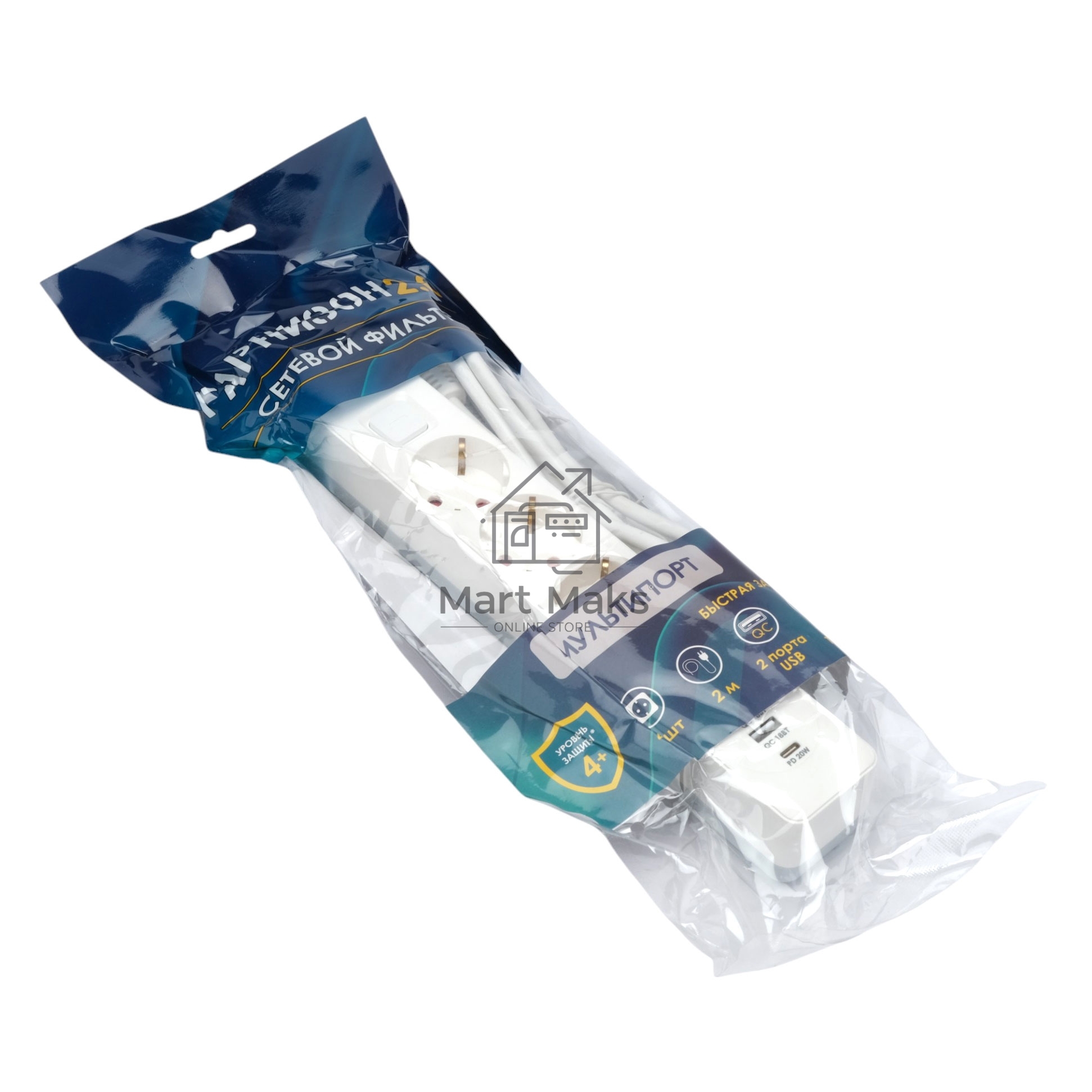 Сетевой фильтр Гарнизон EPS-OP-4-CU2-W-2 2.0 Мультипорт 4р, 10А, 1xType-C PD, 2 х USB QC, 4м, ур.защиты 4+, белый, пак(21449)