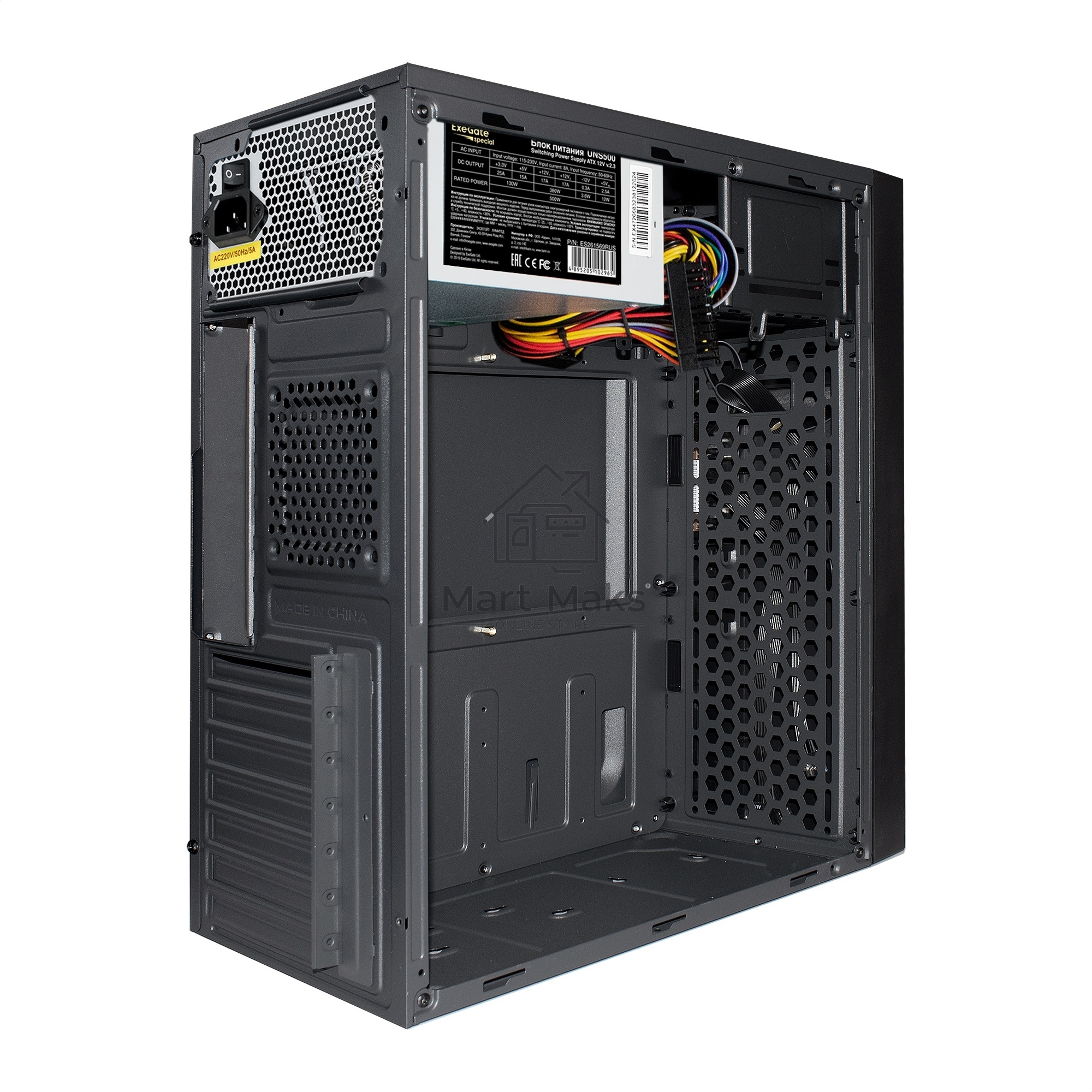 Компьютерный корпус Miditower ExeGate AA-440-UNS500 (ATX, БП UNS500 с вент. 12см, 2*USB, аудио, черный)
