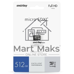 Флеш карта MicroSDXC 512Gb Smartbuy Class 10 PRO U3 R/W:90/70 MB/s, адаптер в комплекте