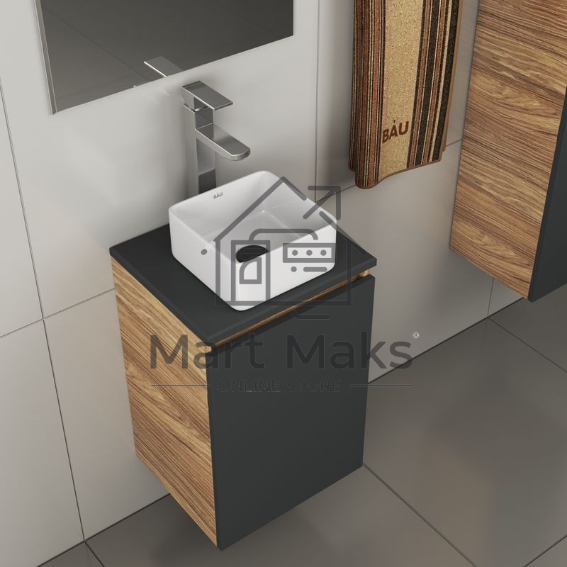 Комплект для ванной, 4 предмета (тумба Bau 40, графит + раковина BAU Hotel mini 24х24 + смеситель Hotel Still, выпуск клик-клак, черный)