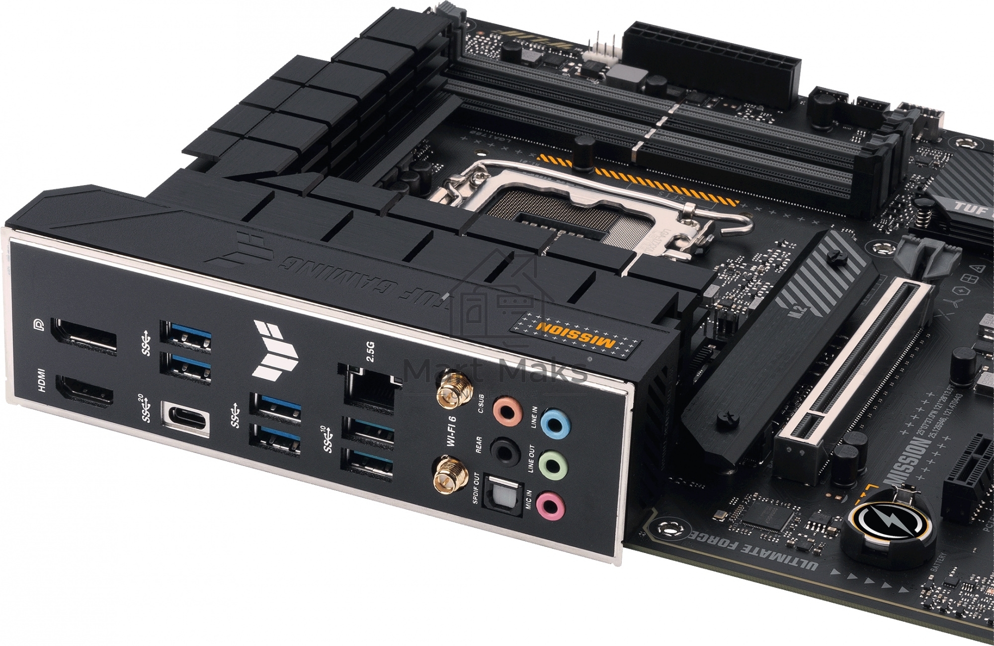 Материнская плата ASUS TUF GAMING H770-PRO WIFI, LGA 1700, Intel H770, 4xDDR5, 4xSATA, 4xM.2, 1xPCIe 5.0 x16, 1xPCIe 4.0 x4, 2xUSB-A 3.2 Gen 2, 4xUSB-A 3.2 Gen 1, 1xUSB-C 3.2 Gen 2x2, 1x2.5Gb LAN, 5x3.5 мм, 7.1, Standard-ATX