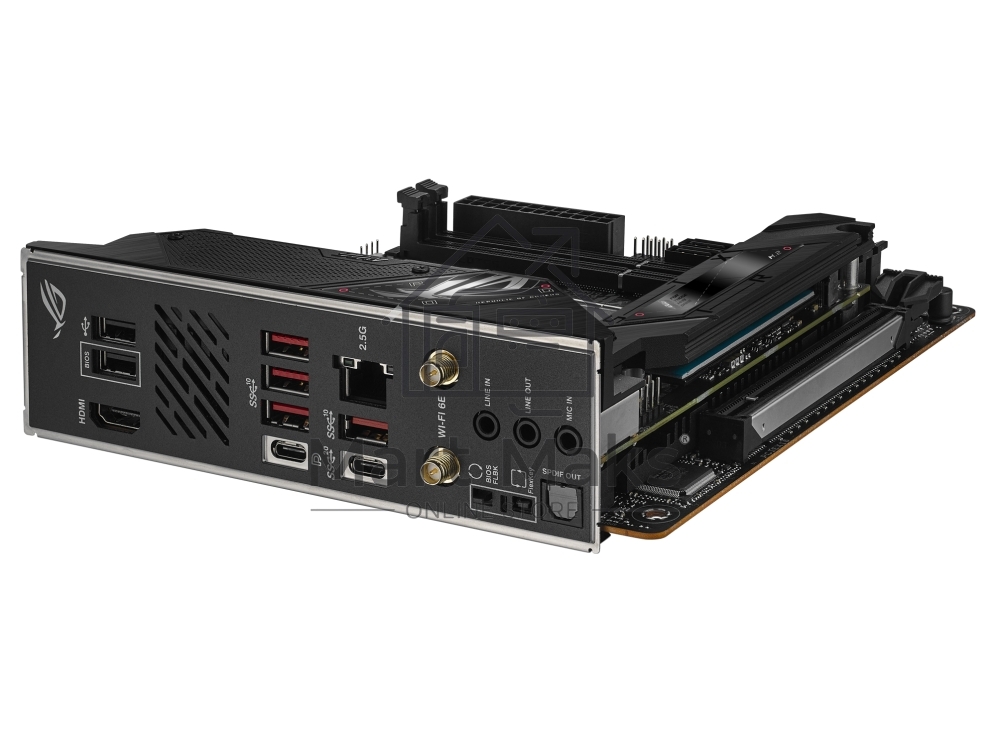 Материнская плата ASUS ROG STRIX B650E-I GAMING WIFI, AM5, AMD B650, 2xDDR5, 2xSATA, 2xM.2, 1xPCIe 5.0 x16, 1xHDMI, 1x 2.5Gb LAN, 4xUSB-A 3.2 Gen 2, 1xUSB-A 3.2 Gen 1, 1xUSB-C 3.2 Gen 2x2, 3x3.5 мм, 7.1, Mini-ITX