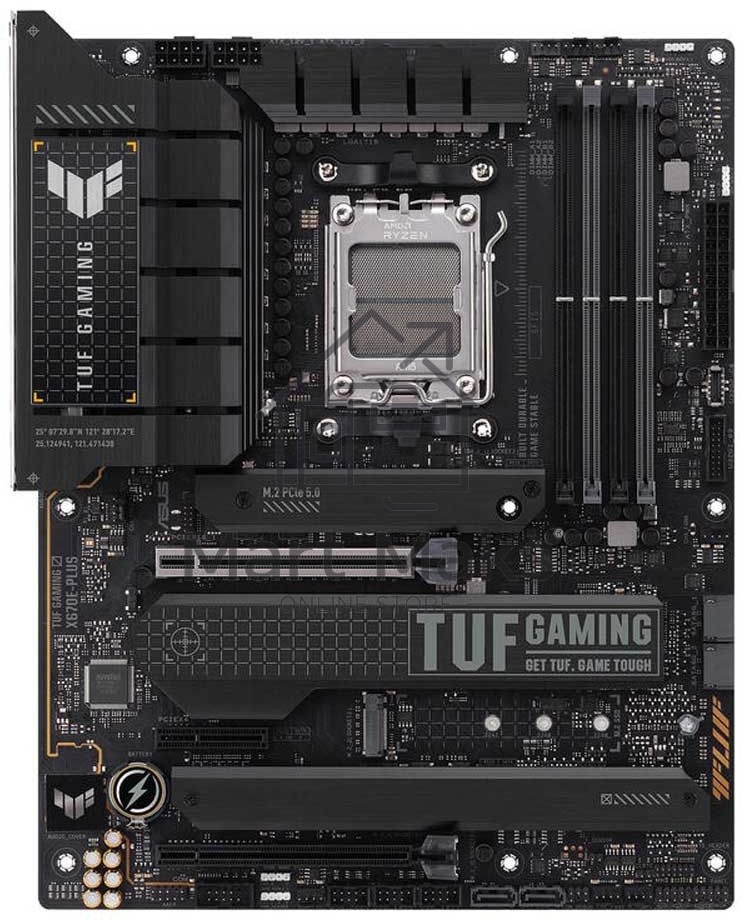 Материнская плата ASUS TUF GAMING X670E-PLUS, AM5, AMD X670, 4xDDR5, 4xSATA, 4xM.2, 1xPCI-E 5.0 x16, 1xPCI-E 4.0 x4, 3xUSB-A 3.2 Gen 2, 5xUSB-A 3.2 Gen 1, 1xUSB-C 3.2 Gen 2, 1xUSB-C 3.2 Gen 2x2, 1x2.5Gb LAN, 5x3.5 мм, 7.1, Standard-ATX