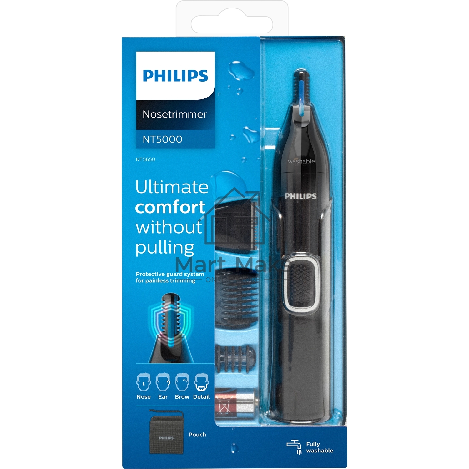 Триммер Philips для носа и ушей, черный, корпус - пластик, 3 насадки-гребня, насадка - триммер, щеточка для очистки, мягкий чехол, батарейка