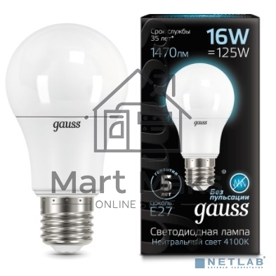 Светодиодная лампа GAUSS 102502216 LED A60 16W E27 1470lm 4100K 1/10/50