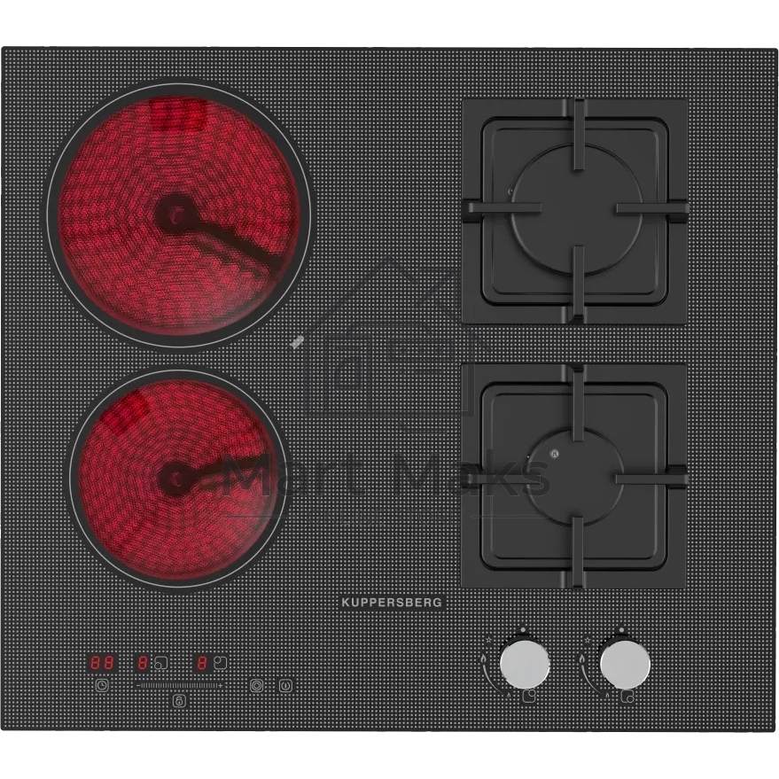 Комбинированная варочная панель Kuppersberg EGS 600 Газоэлектрическая независимая варочная поверхность, стеклокерамика KANGER, ширина 60 см, Тип нагрева HI-Light/Газ, Слайдер/механическое управление, 3 цифровых дисплев, 9 уровней мощности, Блокировка пане