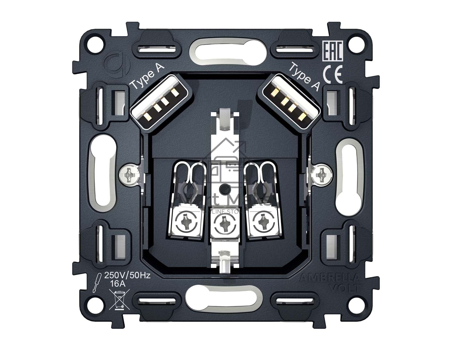 Механизм электрической розетки 2USB A+A 18W (быстрая зарядка) с/з на винтовых зажимах QUANT VM155