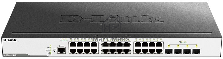 Коммутатор D-Link DGS-3000-28X/B, L2 Managed Switch with 24 10/100/1000Base-T ports and 4 10GBase-X SFP+ ports.16K Mac address, 802.3x Flow Control, 4K of 802.1Q VLAN, VLAN Trunking, 802.1p Priority Queues, Tra
