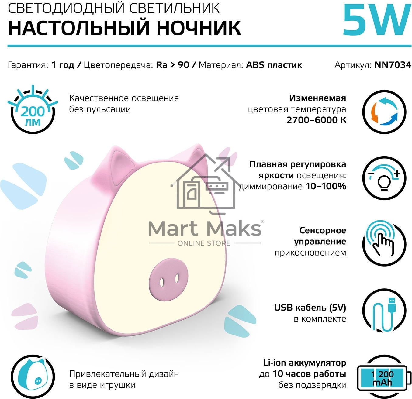 Ночник Gauss NN7034 поросенок розовый