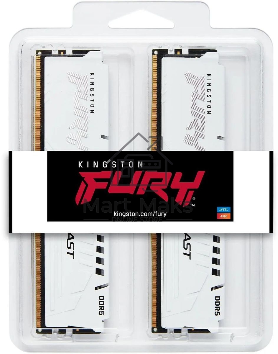 Оперативная память Kingston Fury Beast, DDR5, 32GB (2x16GB), 5600MHz, CL40, DIMM, с радиатором, белый
