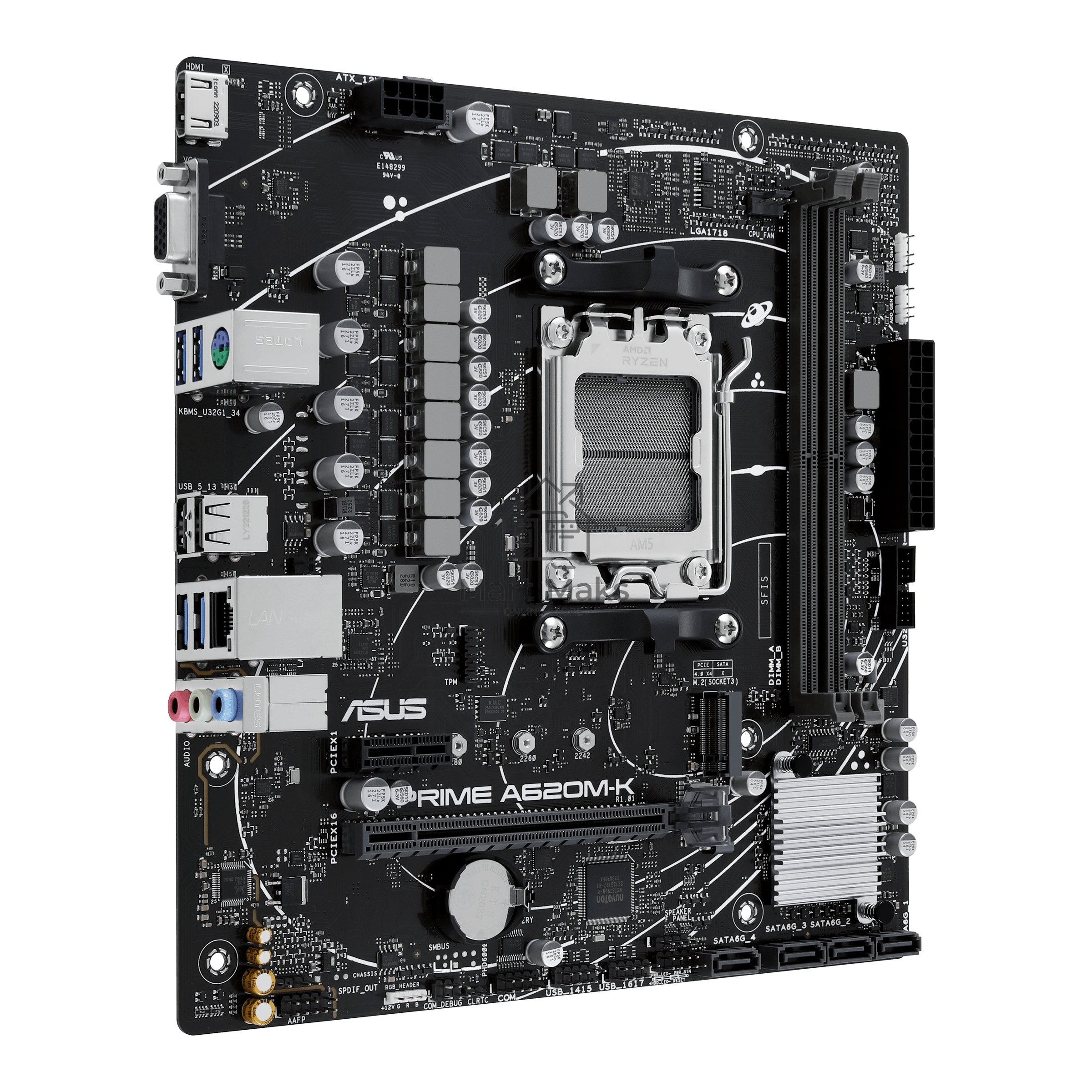 Материнская плата ASUS PRIME A620M-K, AM5, AMD A620, 2xDDR5, 4xSATA, 1xM.2, 1xPCI-E 4.0 x16, 1xPCI-E x1, 1xHDMI, 1xVGA, 1x 1Gb LAN, 4xUSB-A 3.2 Gen 1, 2xUSB-A 2.0, 3x3.5 мм, 7.1, Micro-ATX