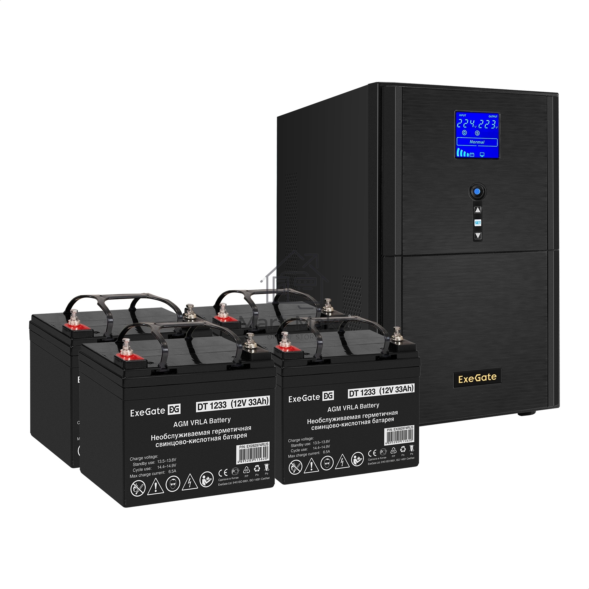 Комплект Источник бесперебойного питания EX295991RUS + батарея 33Aч EX282974RUS 4шт (инвертор, синус, для котла) ExeGate SineTower SZ-5000.LCD.AVR.2SH.1C13.T.RJ.USB <5000VA/4000W, чистый синусоида, LCD дисплей, AVR, 2*Schuko+1*C13+клеммы, RJ45/11, USB, ли