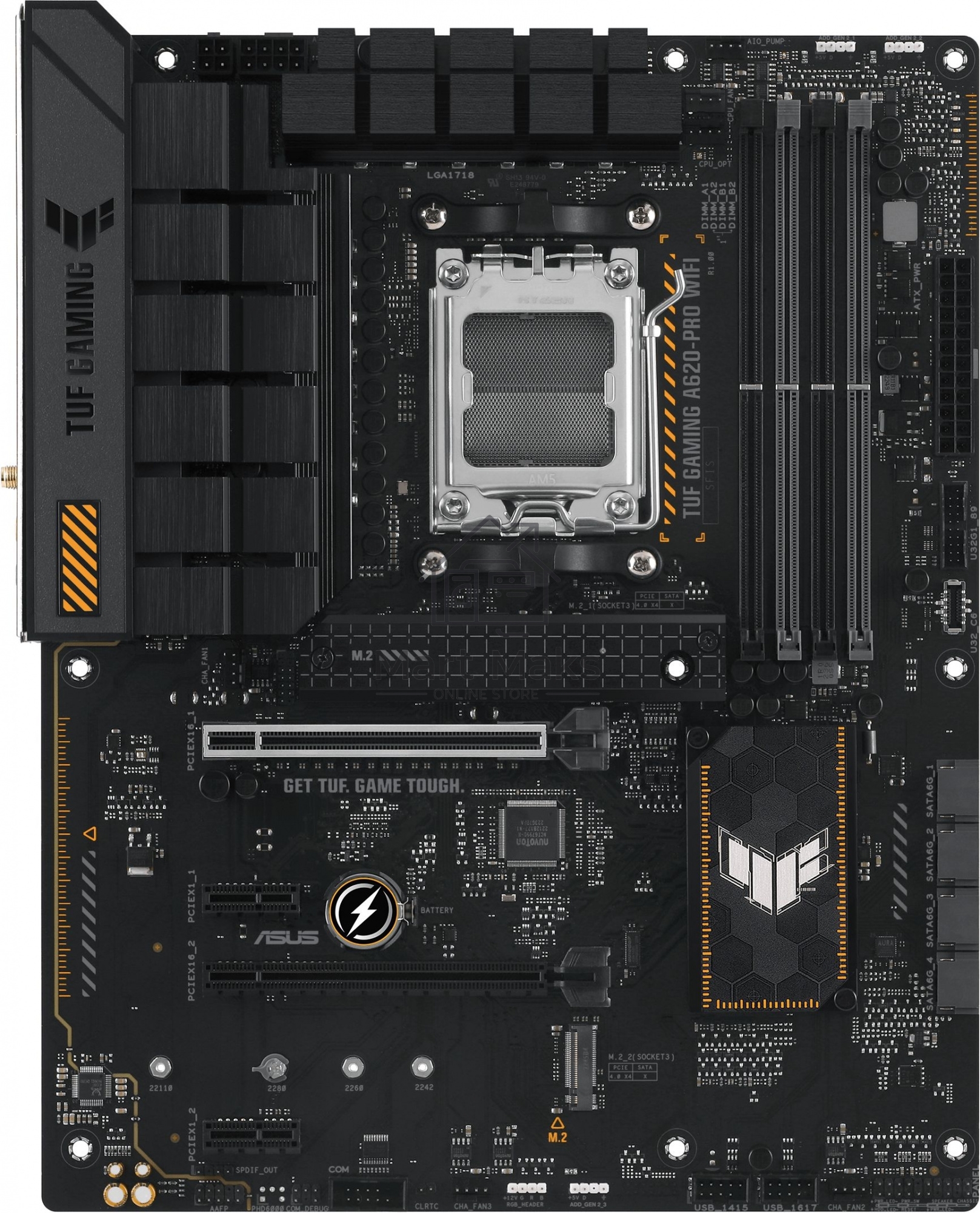 Материнская плата ASUS TUF GAMING A620-PRO WIFI, AM5, AMD A620, 4xDDR5, 4xSATA, 2xM.2, 1xPCI-E 4.0 x16, 1xPCI-E 3.0 x16, 2xPCI-E x1, 1xHDMI, 1xDP, 1x 2.5Gb LAN, 3xUSB-A 2.0, 2xUSB-A 3.2 Gen 2, 1xUSB-C 3.2 Gen 1, 5x3.5 мм, 7.1, ATX