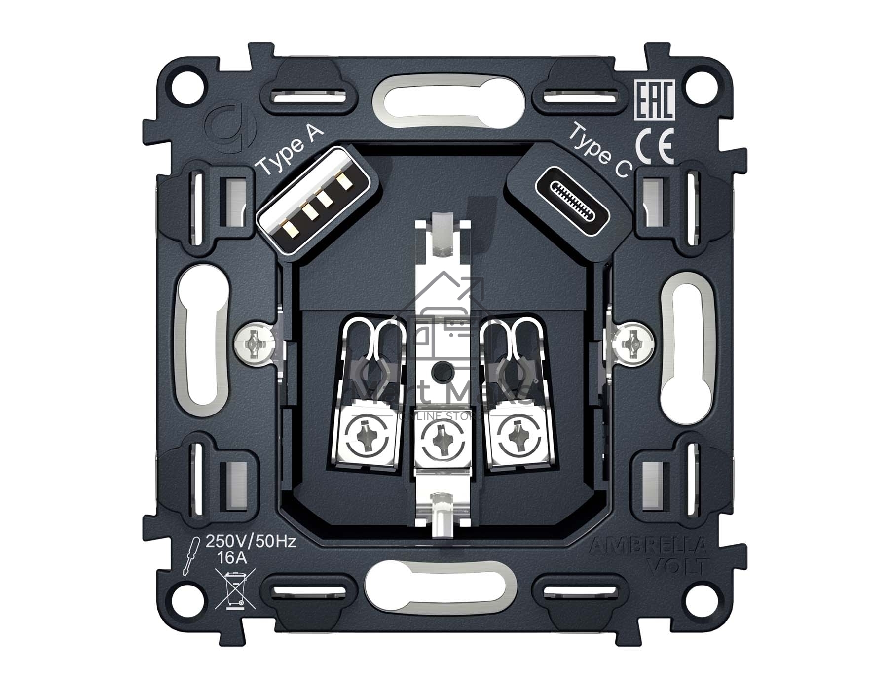 Механизм электрической розетки 2USB A+C 20W (быстрая зарядка) с/з на винтовых зажимах QUANT VM160