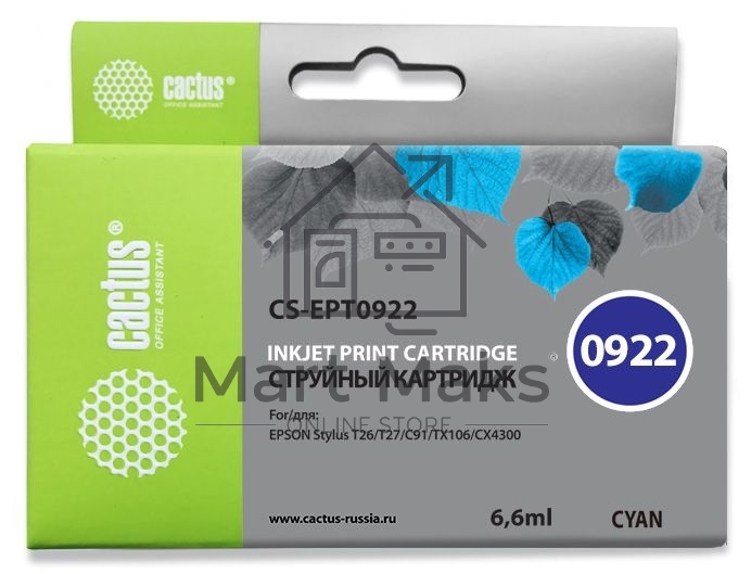 Картридж струйный Cactus CS-EPT0922 (T0922) голубой (6,6 мл) для Epson Stylus C91/CX4300/T26/T27/TX106