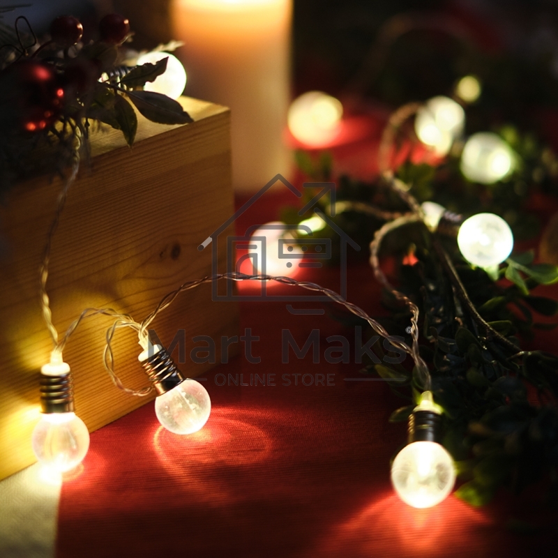 Гирлянда светодиодная «Лампочки» 10 LED, 1.5 м, прозрачный ПВХ, теплый белый цвет свечения, 2 х АА (батарейки не в комплекте) NEON-NIGHT