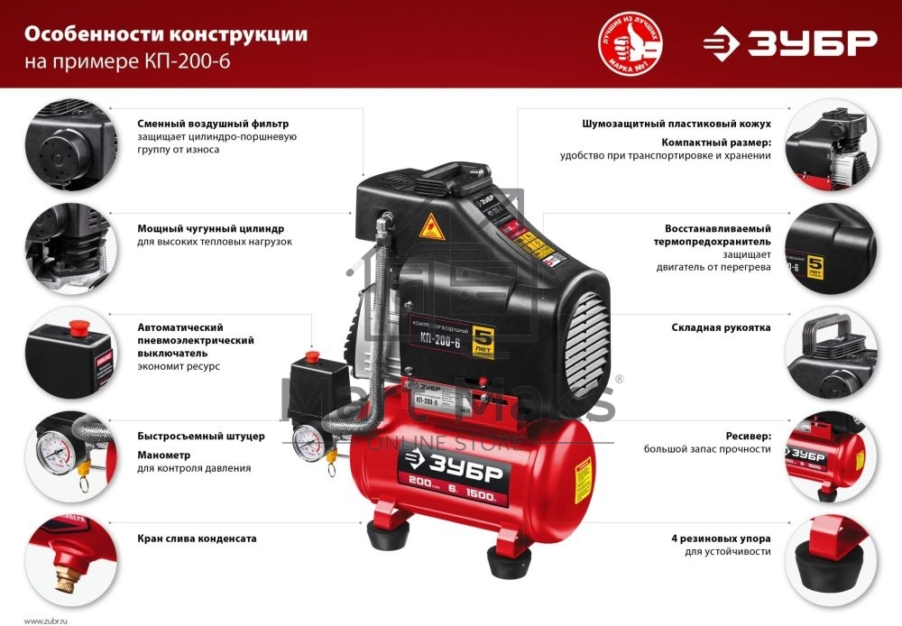 Компрессор воздушный безмасляный, 200 л/мин, 6 л, 1500 Вт, ЗУБР