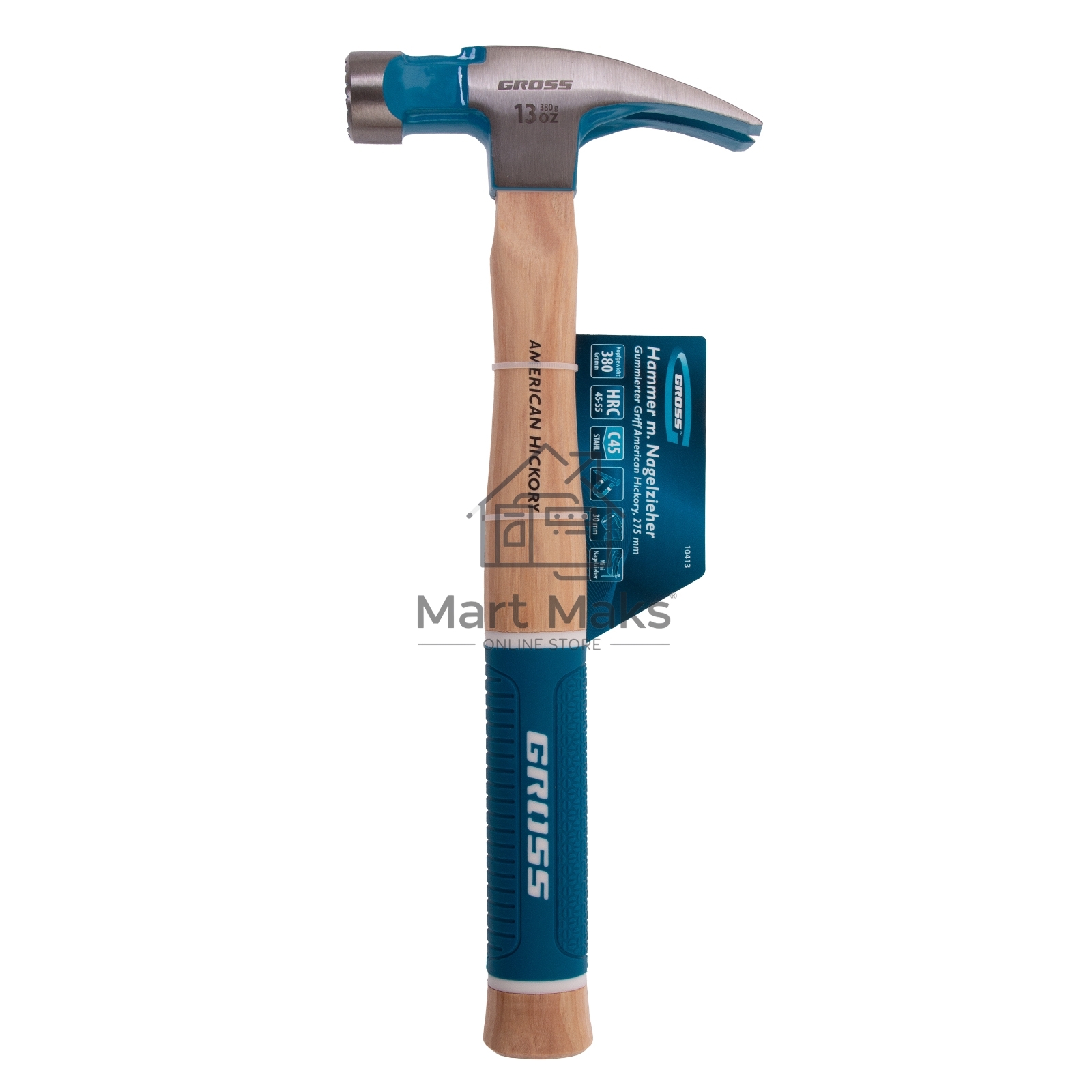 Молоток-гвоздодер, 380 г, угол 75, магнит, обрезиненная рукоятка AMERICAN HICKORY GROSS